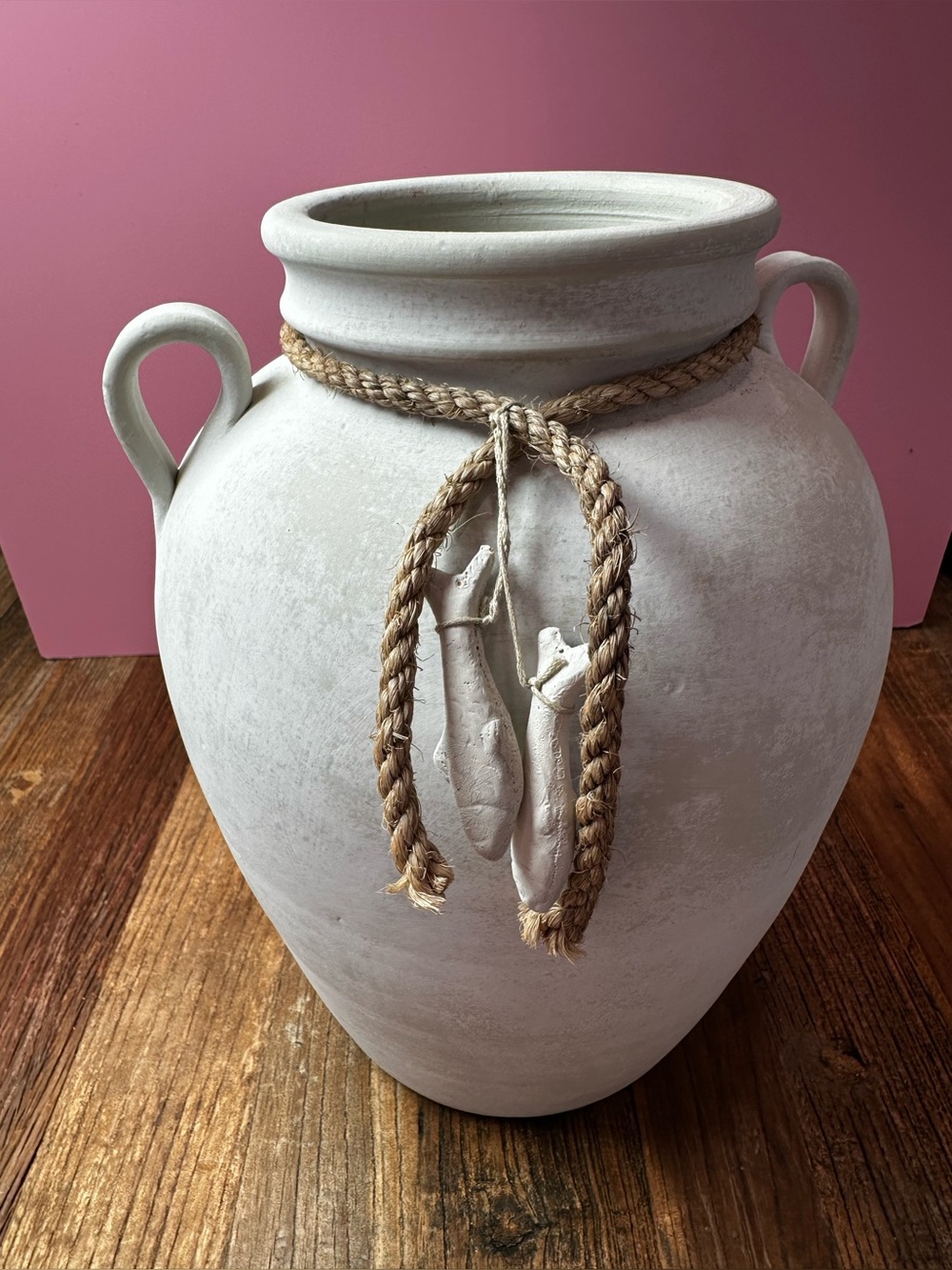 Neutral White Ceramic Decorative Urn with Rope Accent